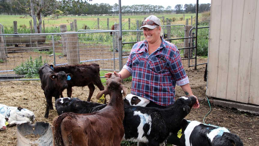 Laura Burn smiles while calves lick her fingers on her farm.