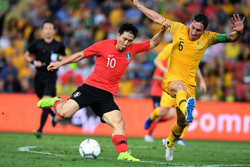 Mark Milligan looks to block a shot against South Korea