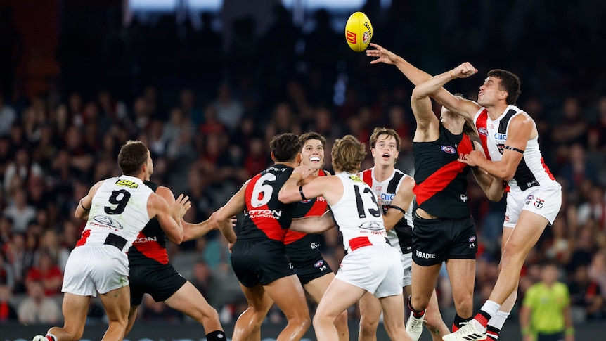 A St Kilda ruckman reaches out to palm the ball away against an Essendon ruckman as other players watch from the ground.