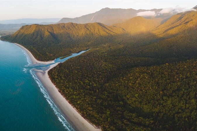 Landscape aerial shot of Thornton beach in the Daintree