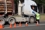 Un oficial de policía de pie junto a un camión de carga forestal, el conductor se asoma por la ventana
