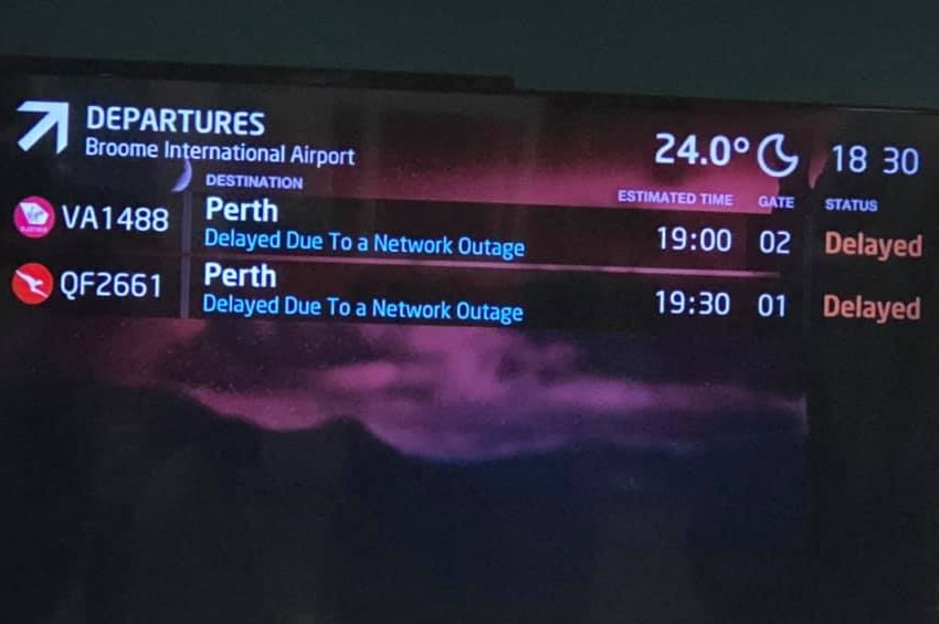 Image of a screen detailing flight delays at Broome Airport.