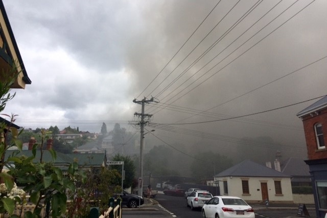 Smoke from Peacock Centre fire, Hobart, 7 December 2016.