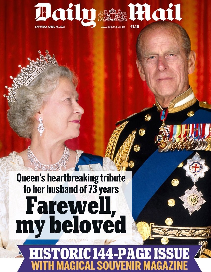 The front page of the Daily Mail newspaper the day after the death of Prince Philip.