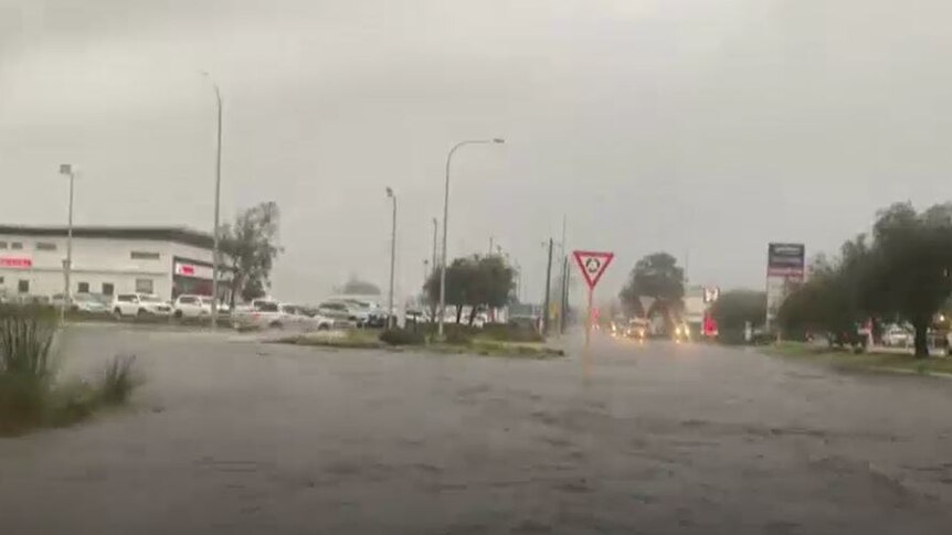 A flooded roundabout. 