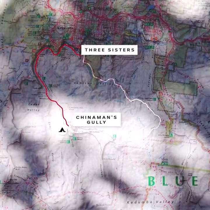 Map of Blue Mountains with white label Three Sisters and Chinaman's Gully campground, white line showing Mt Solitary hike trail.