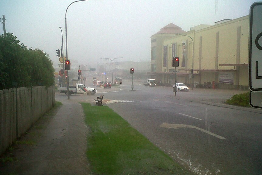 The scene outside the ABC studios on Margaret Street in Toowoomba as flash flooding hit on January 10, 2011.