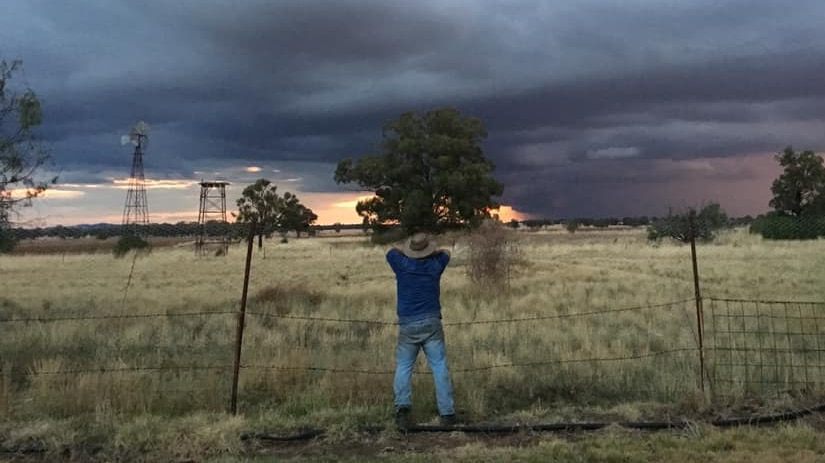 A farmer watches storm clouds rolling in.