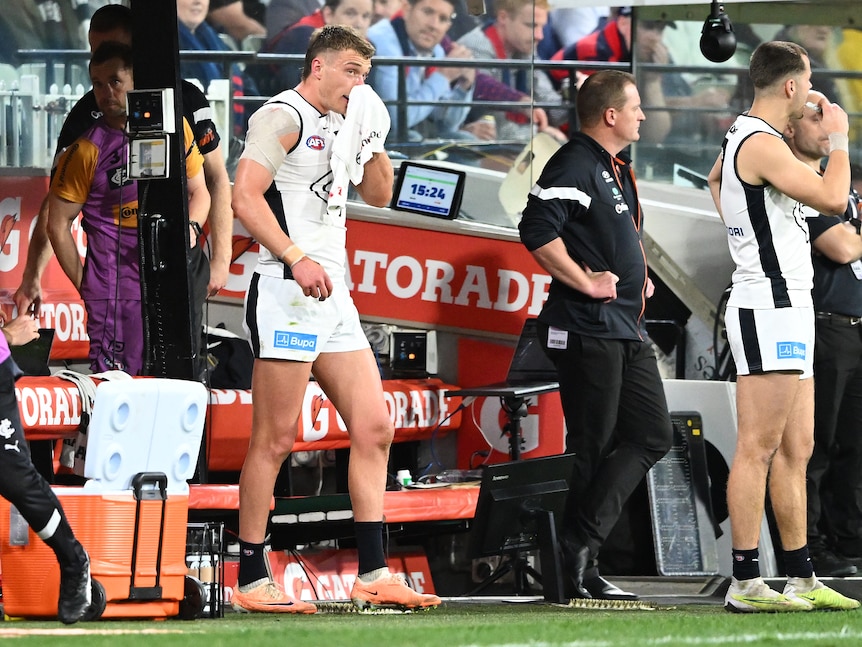 Carlton AFL star Patrick Cripps stands near the team dugout during a game, using a towel to wipe his bleeding nose.