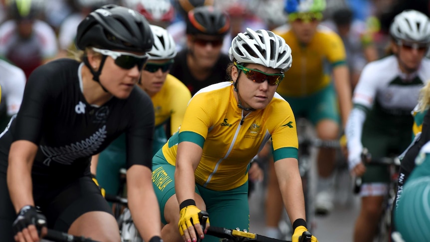 Australia's Chloe Hosking (C) during women's cycling road race at the Glasgow Commonwealth Games.