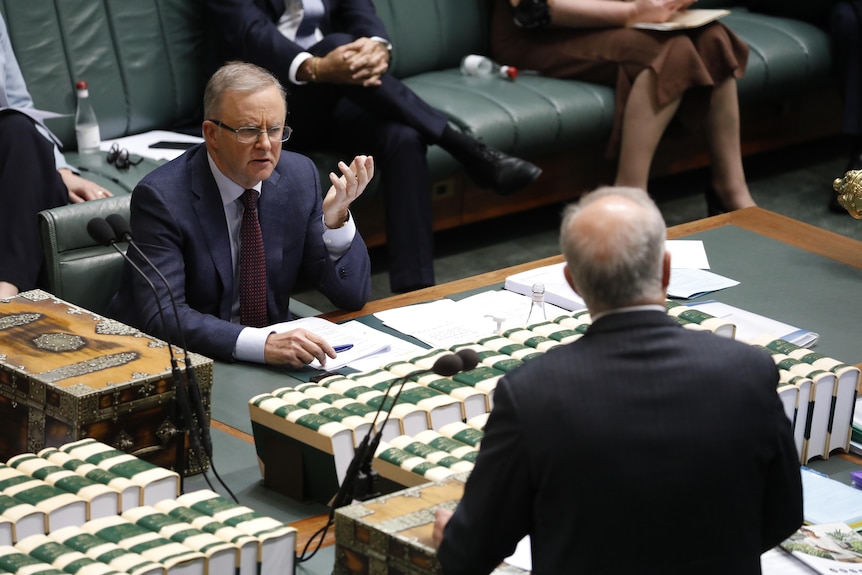 Anthony Albaese lifts his hand while listening to Scott Morrison in Question Time