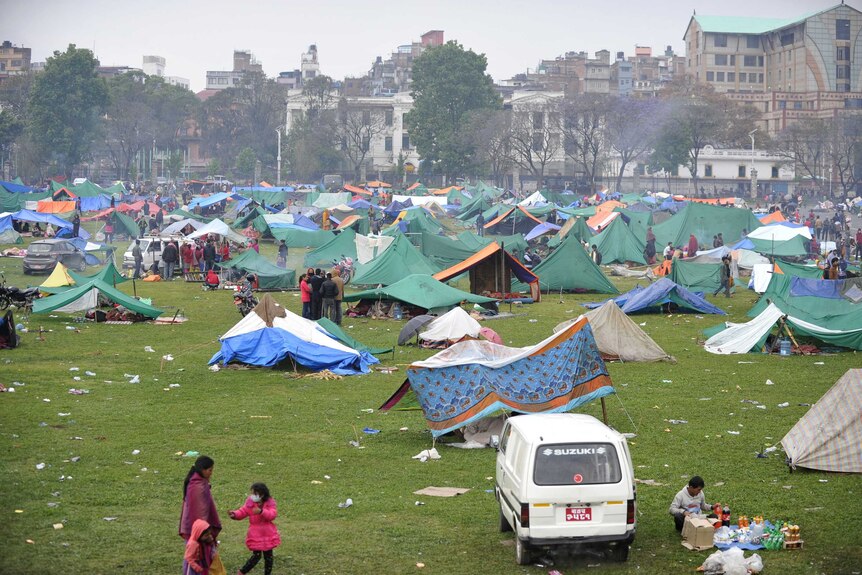 Temporary shelters are set up in an army ground in Kathmandu on April 27.