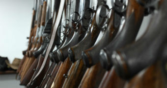 A row of guns lined up in a collector's home.