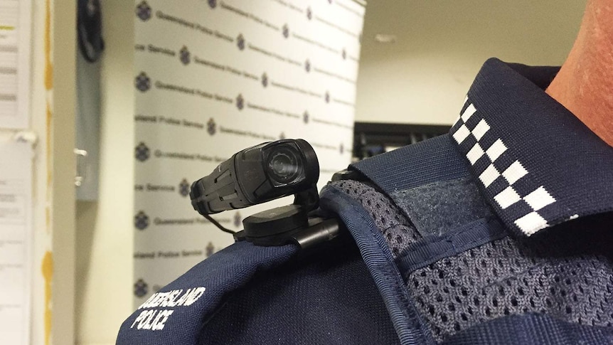 A camera on a Queensland police officer's shoulder