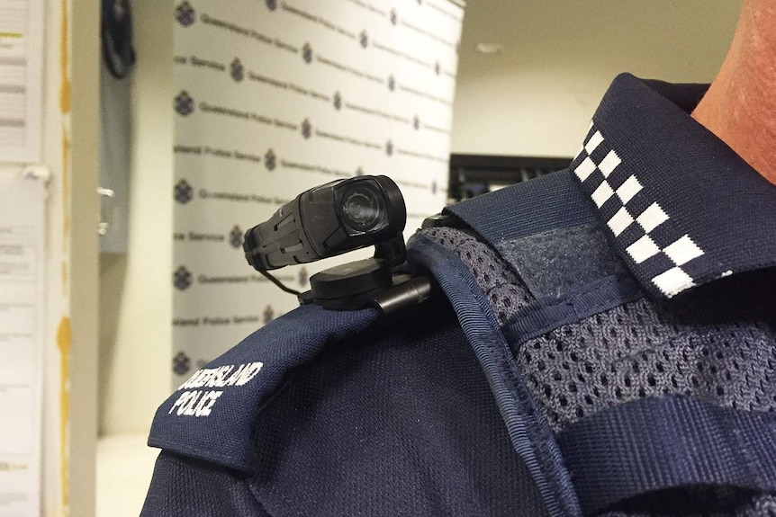 A camera on a Queensland police officer's shoulder