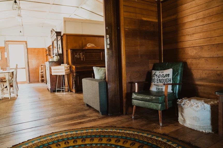 The cosy interior of a farm stay cottage.