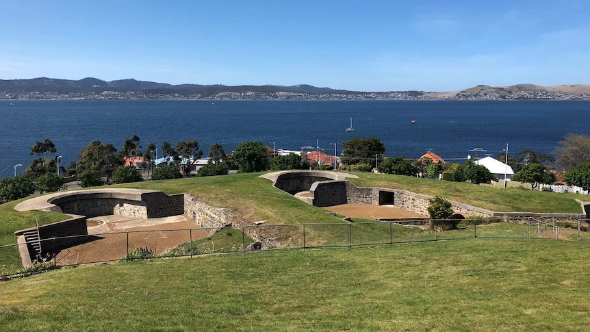 Old artillery fortifications overlooking a river.