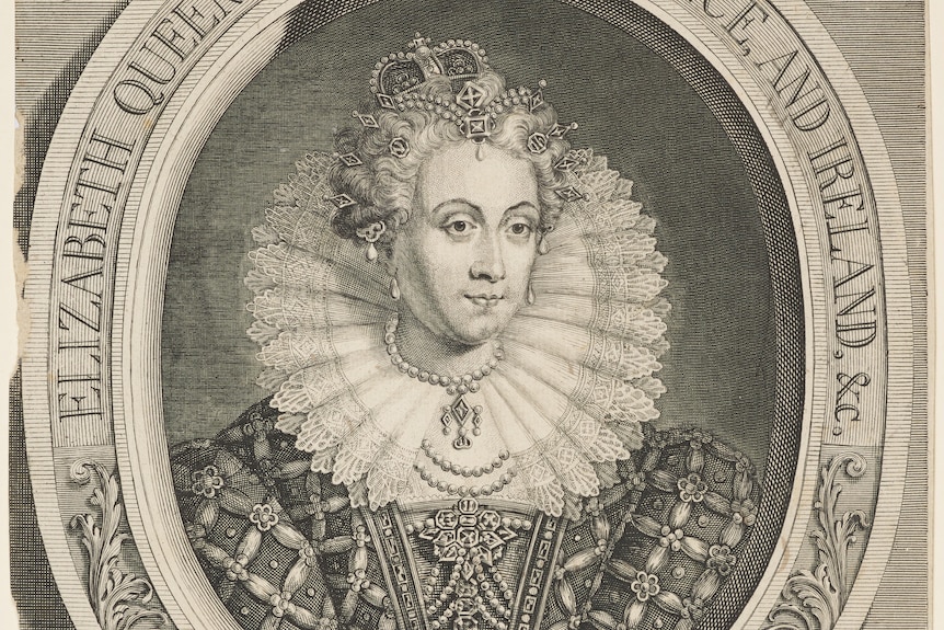 A black and white portrait of Queen Elizabeth I wearing jeweles and a frilled neck.