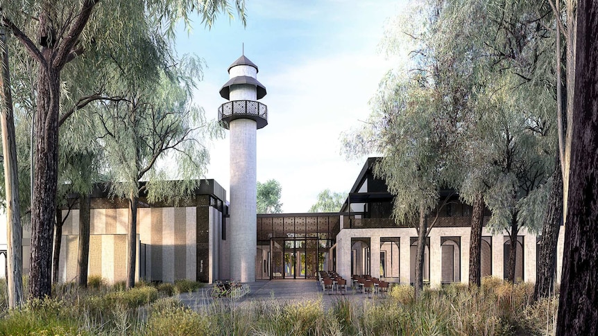 The outside design of the Bendigo mosque which features a minaret.