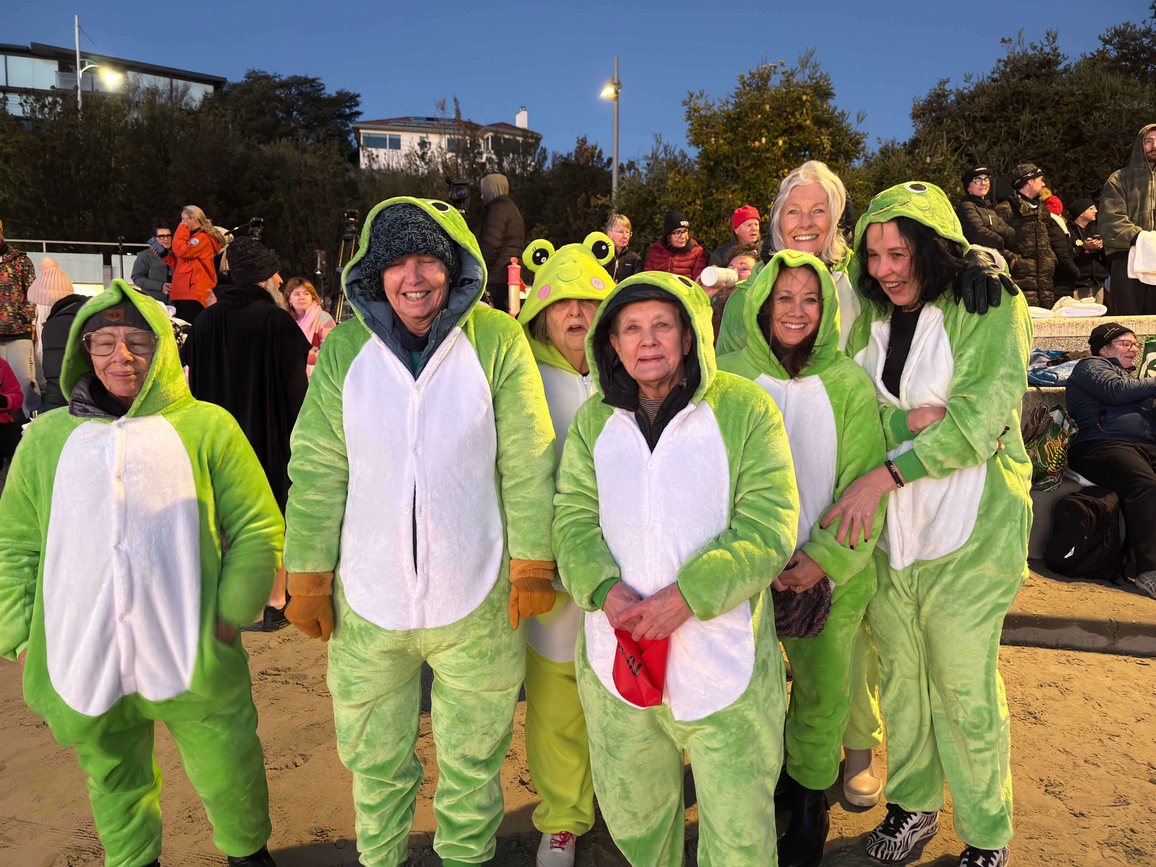 a group of seven people dressed in frog outfits