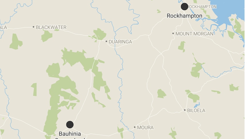 map of central queensland with black dots at Bauhinia and Rockhampton to show distance