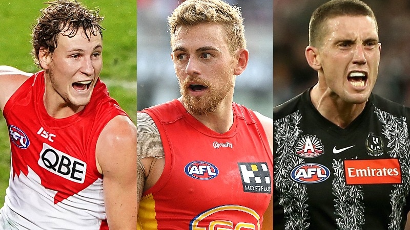 Three close up images of Jordan Dawson, Hugh Greenwood and Darcy Cameron in playing gear spliced together
