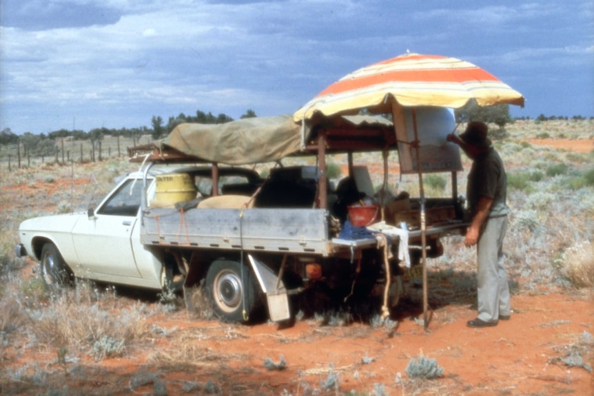 Jack Absalom's painting setup in outback Australia