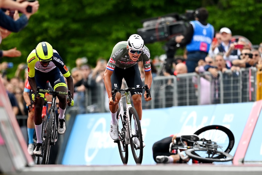 A cyclist crashes on the road while others sprint by him during a race