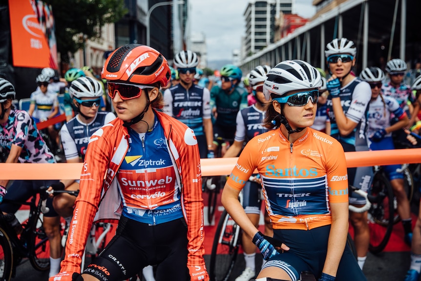 A group of cyclists competing in the Santos Tour Down Under in Adelaide.