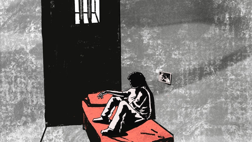 An illustration shows a female inmate sitting on a bed in a prison cell.