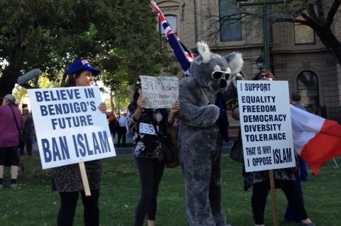 Anti-mosque protesters outside a Bendigo council meeting