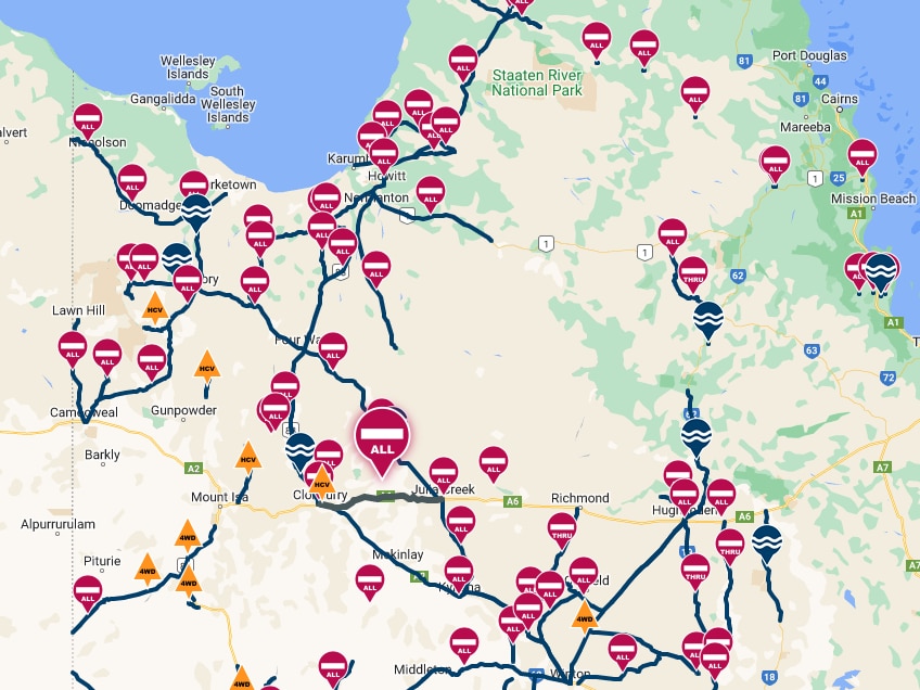 A map showing closed roads in northern Queensland