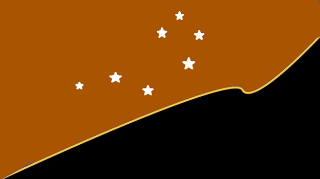 A flag with ochre brown at the top and the Seven Sisters constellation, and black underneath an ascending yellow line.