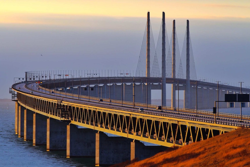 The Oresund Bridge is pictured from a hilltop as the sun sets, bathing the bridge in golden light.