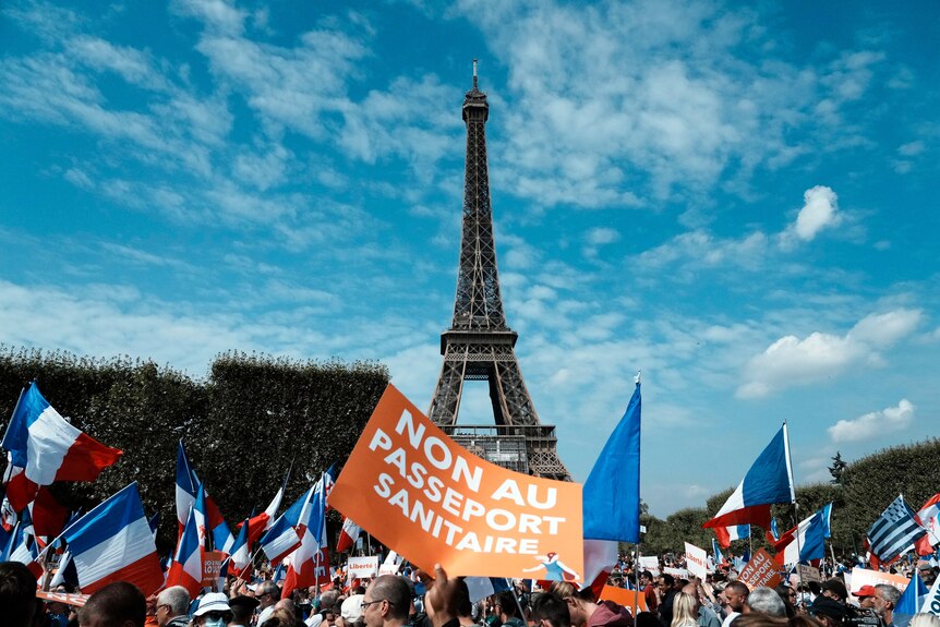 Protesters hold French flags and signs in front of the Eiffel Tower.