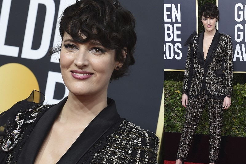 A composite image of Phoebe Waller-Bridge wearing a dark tweed suit with a black satin lining.