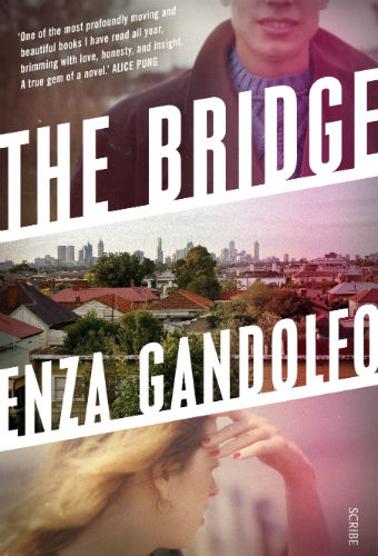 A book cover split into three horizontal panels, two showing faces in profile, one showing a view of the Melbourne suburbs.