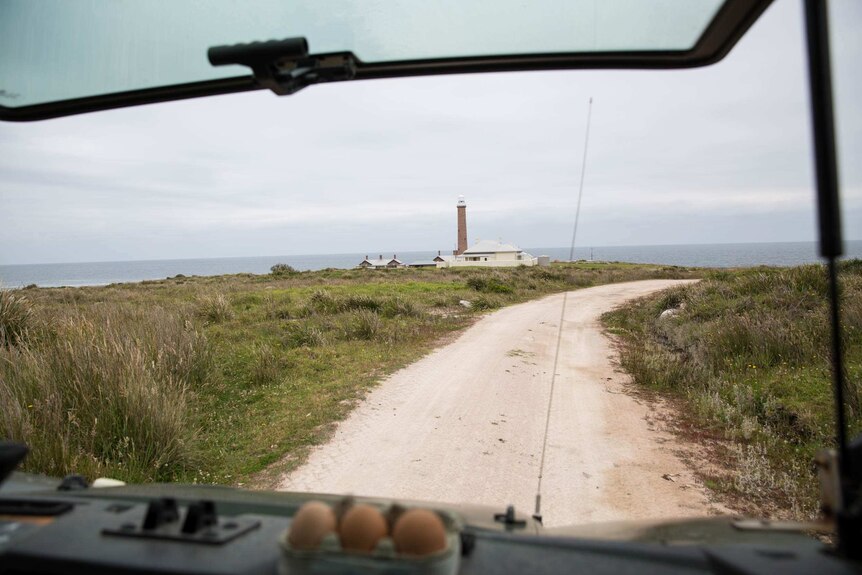 A view of the lighthouse keeper's house is framed in the front windscreen of a buggy, with fresh eggs on the dashboard.