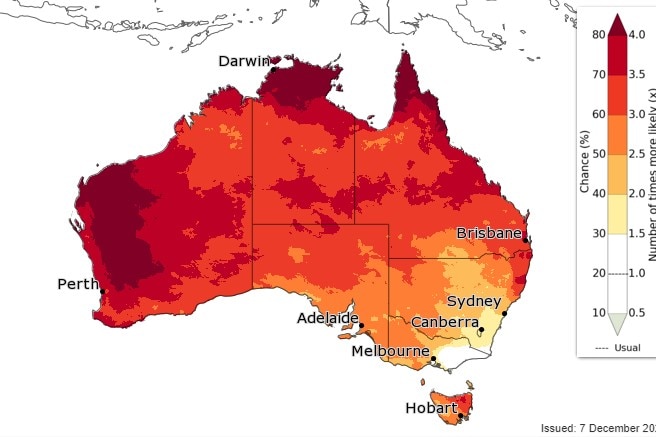 A map of warm weather in Australia over January and March. 