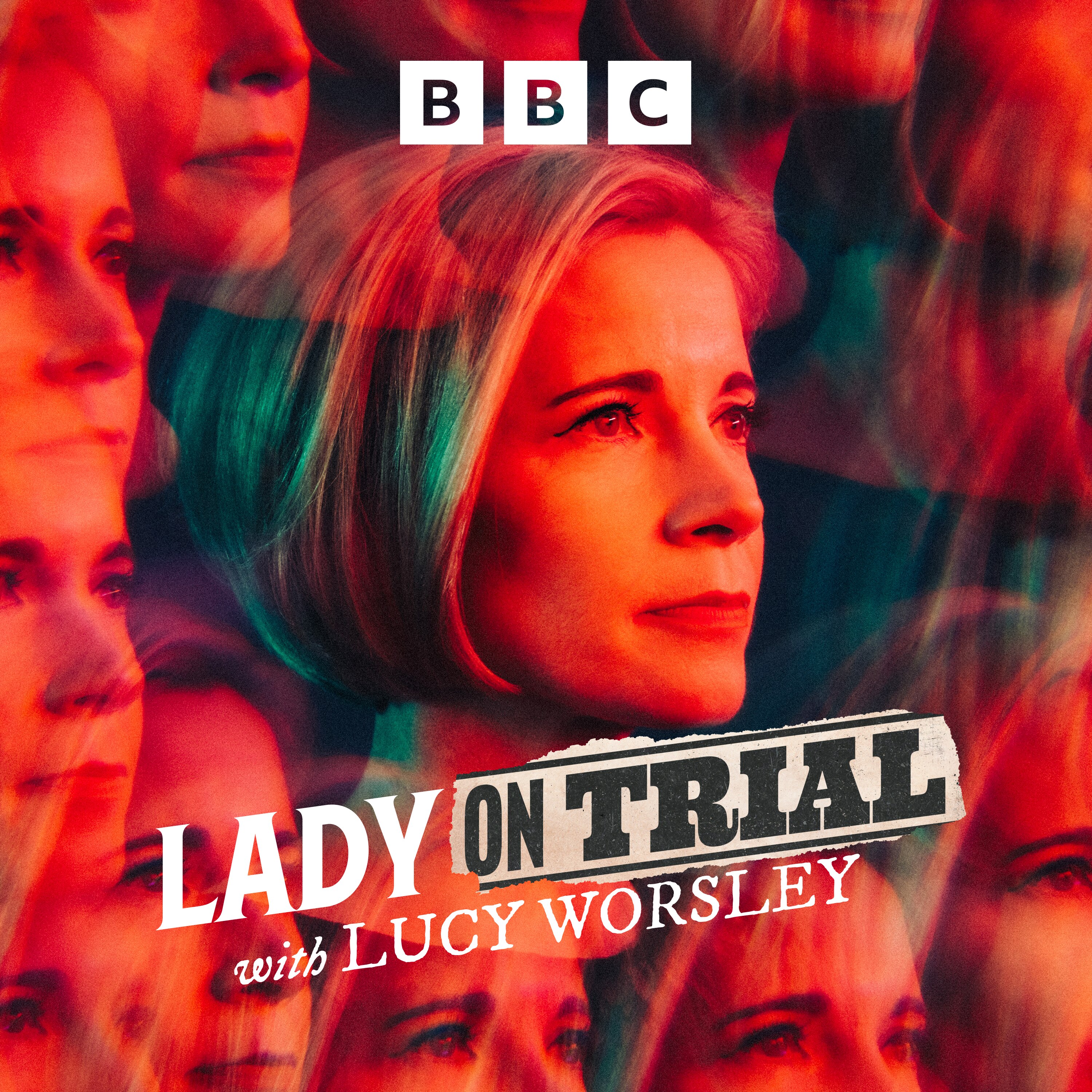 Distorted pic of Lucy Worsley's face on a reddish background.