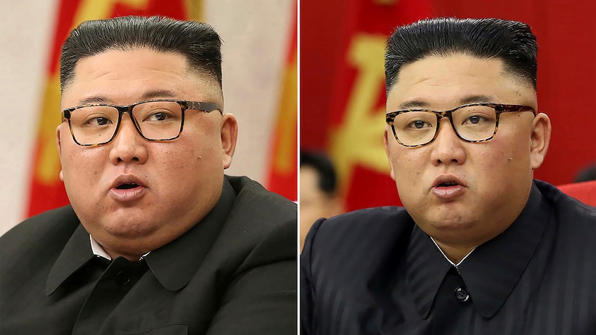 A close up composite image of Kim Jong Un from February 2021 and June 2021 showing the difference in his weight. 