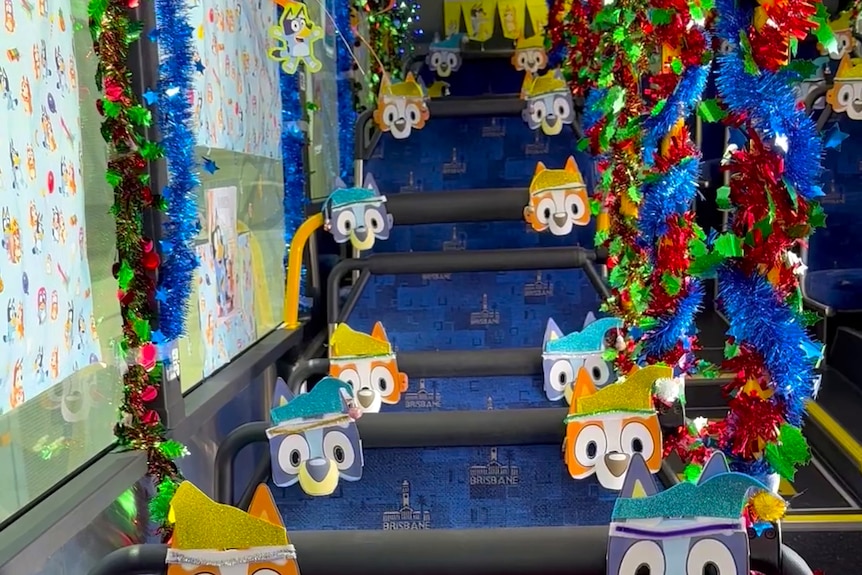 Bluey decorations on a bus.