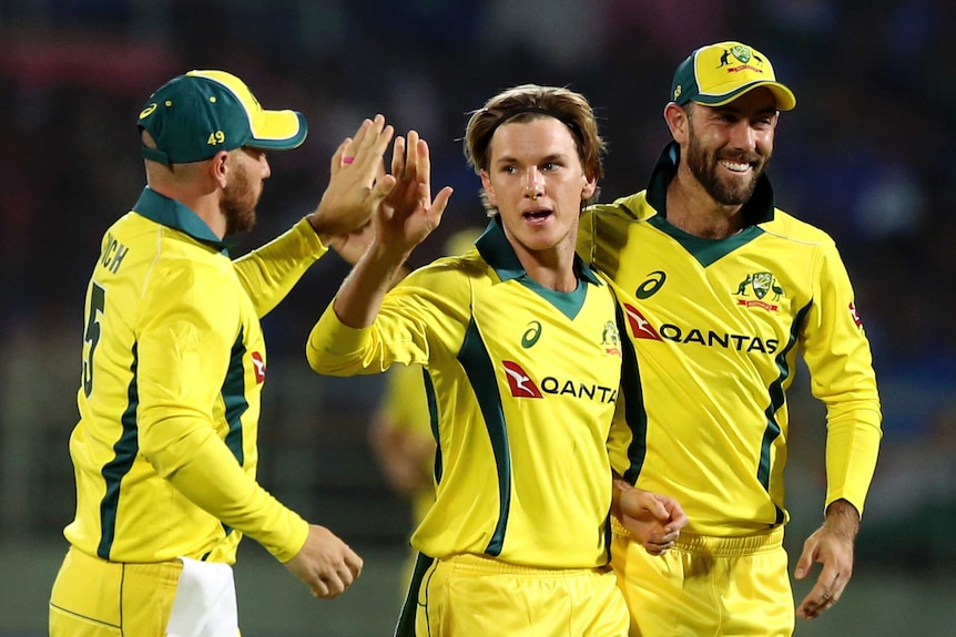 Adam Zampa high fives Aaron Finch with Glen Maxwell smiling, patting Zampa on his back