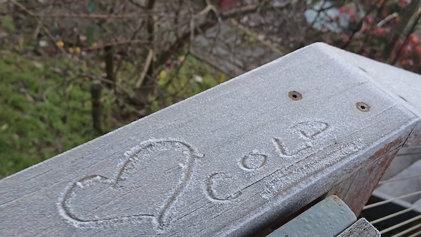 A love-heart and the world 'cold' written in a frosty bannister.