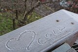 A love-heart and the world 'cold' written in a frosty bannister.