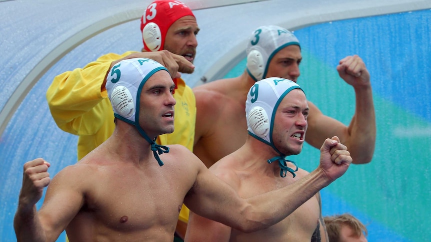 The Australian team reacts on bench during men's water polo match against Japan in Rio.