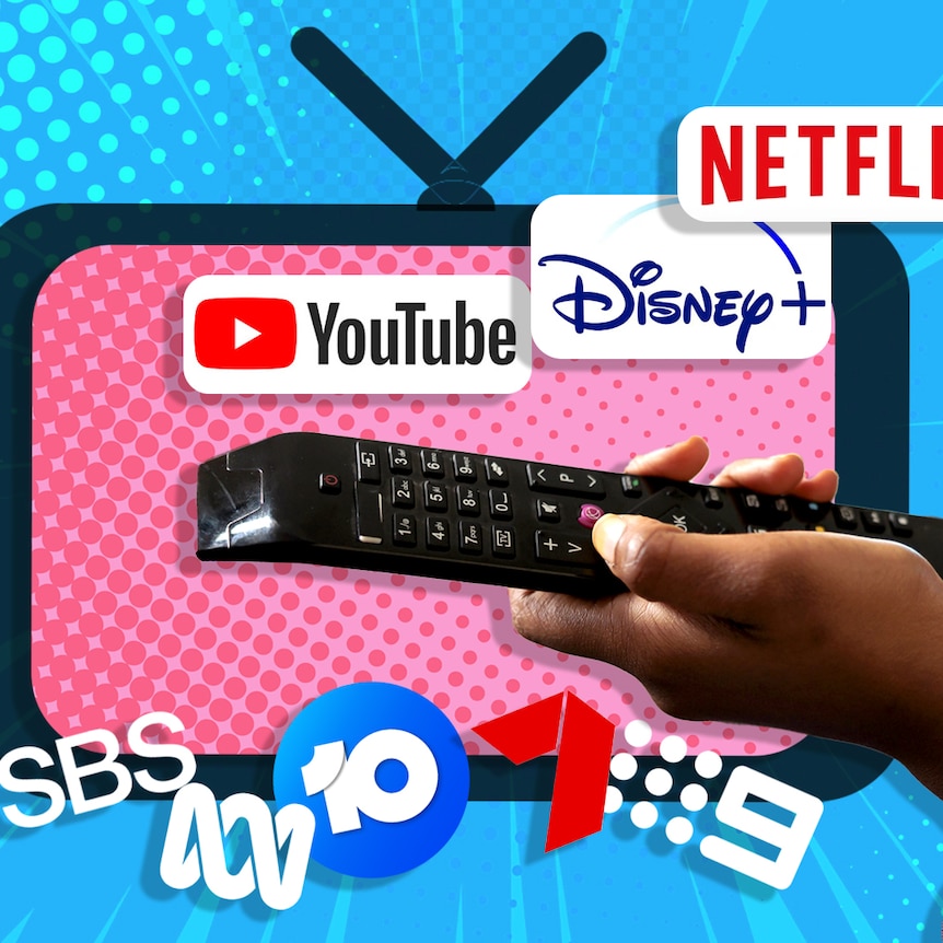 A colourful graphic featuring a TV icon, a hand holding a remote, and ABC, SBS, Nine, Seven, Netflix, Disney+ and other logos.
