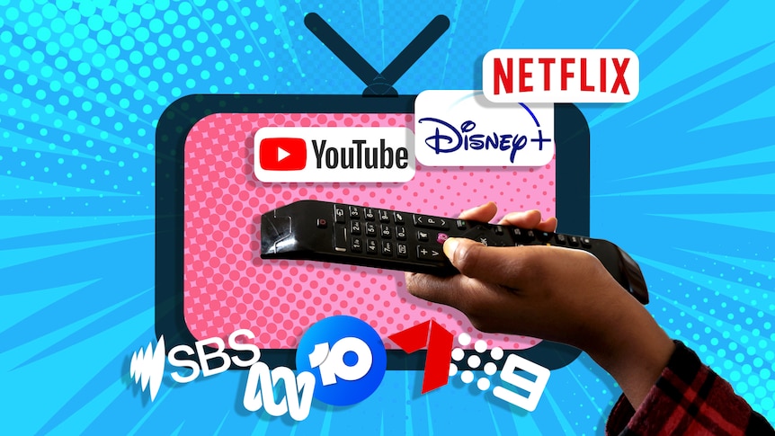 A colourful graphic featuring a TV icon, a hand holding a remote, and ABC, SBS, Nine, Seven, Netflix, Disney+ and other logos.