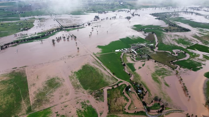 A vast swathe of farming country inundated by floodwater.