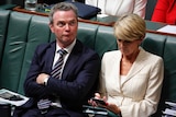 Christopher Pyne sits next to Julie Bishop and pulls a funny face during question time, November 22, 2016.